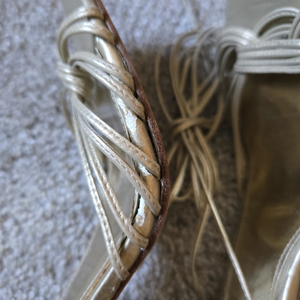 Charles By Charles David Leather Gold Heels Sz 10 Wraparound Strap Lace Up - Picture 9 of 12